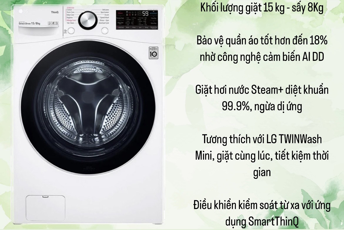 Máy giặt sấy LG Inverter 15Kg F2515RTGW